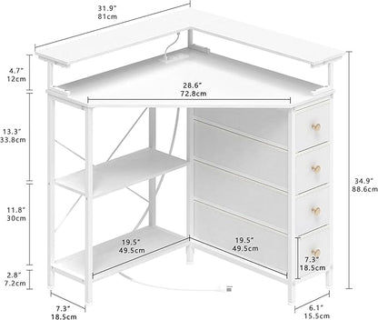 Corner Desk with Drawers Shelves for Small Space 90 Degrees Triangle Computer Desk with Power Outlets,Gaming Desk with LED Lights Monitor Stand for Home Office Workstation Writing Table (White)