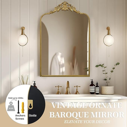 G-LEAF Vintage Baroque Full Length Floor Mirror 30"X48", Victorian Antique Mirror with Black Brush Gold Ornate Metal Frame for Fireplace Entryway Living Room Hallway Bathroom