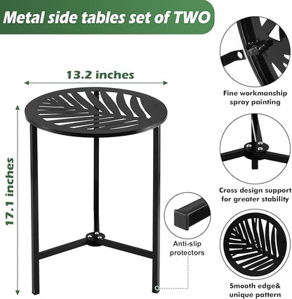 2 Packs 13" Metal Outdoor Side Tables Small Black Outside End Table for Patio Round Accent Corner Stand for Small Spaces Weather-resistant Coffee Table for Balcony Porch Plant Stand,Tropical Leaf