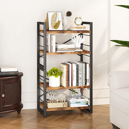 Homeiju Bookshelf, Dorm Desk Hutch, Desk Shelf Organizer, 4 Tier Stackable Bookcase, Adjustable Industrial Book Shelf Storage Organizer for Desktop, Living Room, Bedroom, Office,Rustic Black and Brown