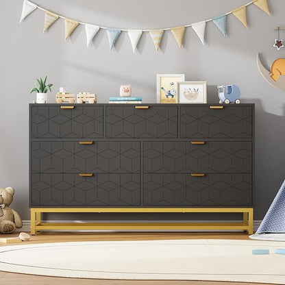 GAOMON Dresser for Bedroom, 53.5" Wide Dresser Organizer, 7 Drawer with Golden Metal Handle and Legs, Modern Chest of Drawers for Closet, Hallway, Living Room, Entryway, Black