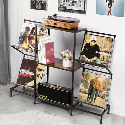 Record Player Stand with Vinyl Record Storage, Turntable Stand with 4-Tier Vinyl Display Shelf & Metal Frame, Record Holder for Living Room, Rustic Brown