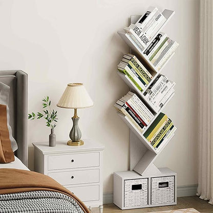Vagusicc Tree Bookshelf, 6 Tier Bookshelf with Storage, Tall Narrow Bookcase, Rustic Wood Book Storage Rack for CDs/Books, Small Book Organizer Shelves for Bedroom, Living Room, Home Office, White