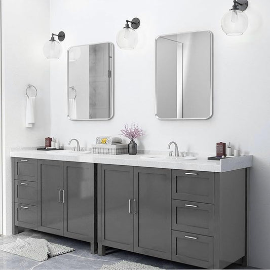 Silver Framed Bathroom Mirror, Brushed Nickel Rounded Corner Rectangle Wall Mirror, Tempered Glass, Shatter Proof, Anti-Rust, Hangs Horizontally or Vertically (24" x 32", Silver)