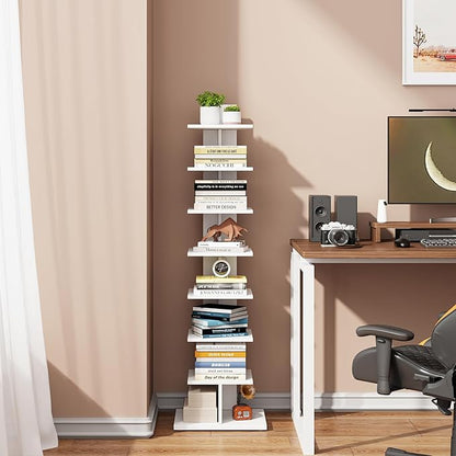 TUTOTAK Narrow Bookshelf, 8-Tier Bookcase, Spine Book Shelf for Small Space, Corner Standing Shelf for Living Room, Office, Study, Entryway, White BS06BW008