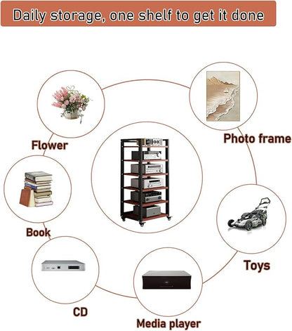 6 Tier Audio Rack Tower, CD Record Player Stereo Receiver AV Equipment Cabinet Display Rack, Weight capacity 661 lbs, with Adjustable Wooden Shelves for Home (TEAKWOOD, 6 TIER 47×19.7×15.7IN)