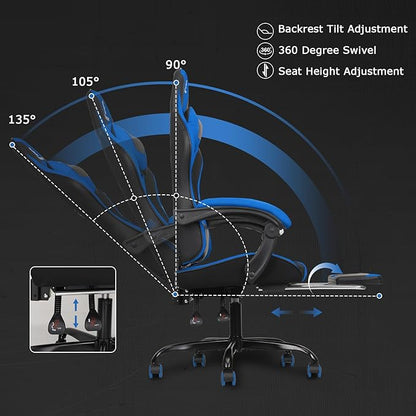 Gaming Chair with Linkage Armrest & Footrest, High Back Video Gaming Chair, Black/Blue