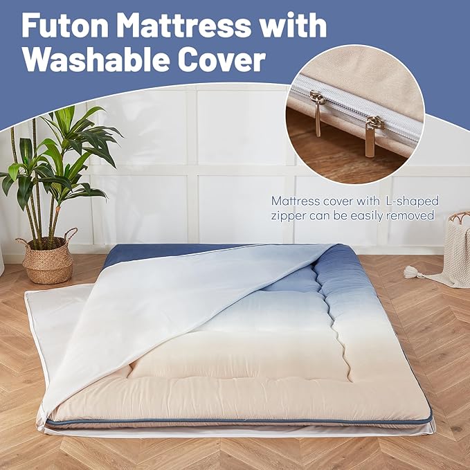 Japanese Floor Mattress, Futon Mattress with Portable Storage Bag and Washable Cover, Roll Up Thick Tatami Mat Suitable for Camping, Guest Room (Coastal Gradient, Twin)
