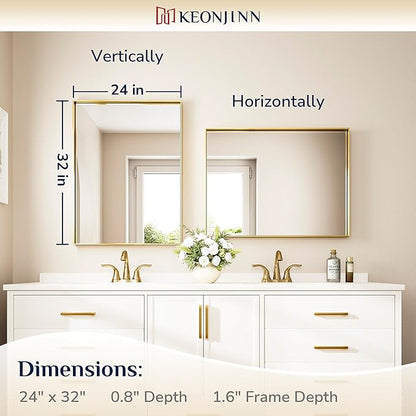 Keonjinn 24 x 32 In Brushed Gold Bathroom Mirror for Over Sink Shiny Gold Rectangle Wall Mirror Metal Framed Rectangular Farmhouse Mirror Modern Square Corner Framed Vanity Mirror(Horizontal/Vertical)