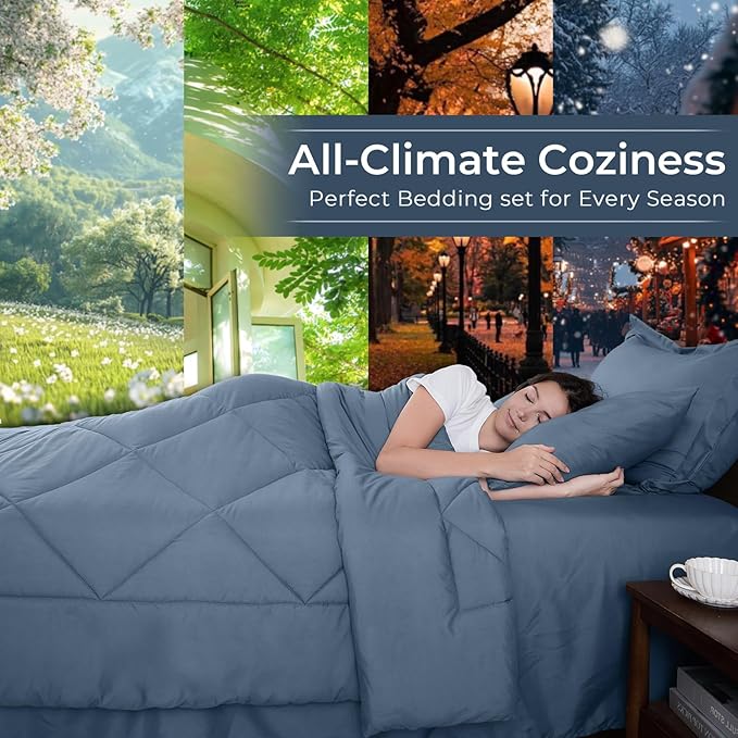 HEVUMYI Dusty Blue Queen Comforter Set - 7-Piece All Season Bed in a Bag Queen, Ultra Soft Bedding Set with Comforter, Flat Sheet, Fitted Sheet, Pillowcases, Pillow Shams