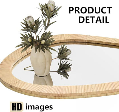 H HOMEWINS Rattan Mirror for Wall,30'' x 20" Wooden Framed Farmhouse Boho Wicker Coastal Irregular Vanity Mirror for Bathroom Living Room Entryway