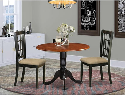 East West Furniture DLNI3-BCH-C 3 Piece Kitchen Table Set for Small Spaces Contains a Round Dining Table with Dropleaf and 2 Linen Fabric Dining Room Chairs, 42x42 Inch, Black & Cherry