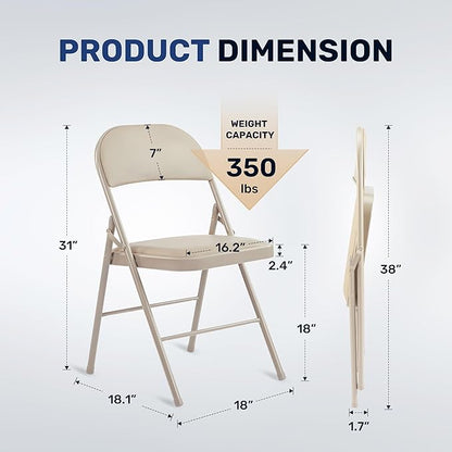 HealSmart 4 Pack Folding Chairs with Leather Padded Cushion Seats & Durable Metal Frame, Comfortable, Foldable, Portable, Commercial Event Seat, Indoor Outdoor for Home, Parties, Office, Kahki