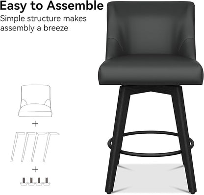 Counter Height Bar Stools Set of 4, Modern Swivel Barstools with Back and Wood Legs, Faux Leather Upholstered Bar Chairs, 26" H Kitchen Counter Stools, Kitchen Island Home Bar, Black Grey