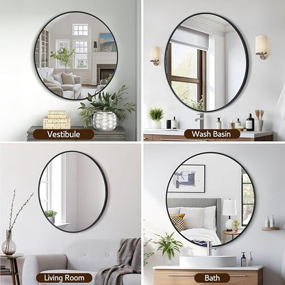 30 Inch Black Round Wall Mirror, Circle Bathroom Mirror with Brushed Metal Frame, Anti-Rust Tempered Glass Vanity Mirror for Bedroom, Entryway, Living Room Farmhouse Decor