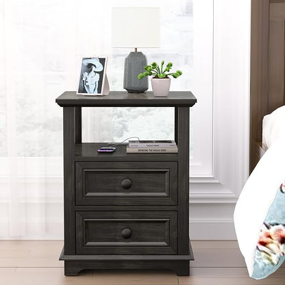 End Table with Fast USB C Charging Station,18" Wide Sofa Side Table with 2 Drawers, Large Storage Rustic Wood Square Storage Cabinet for Living Room, Bedroom, Office, Black