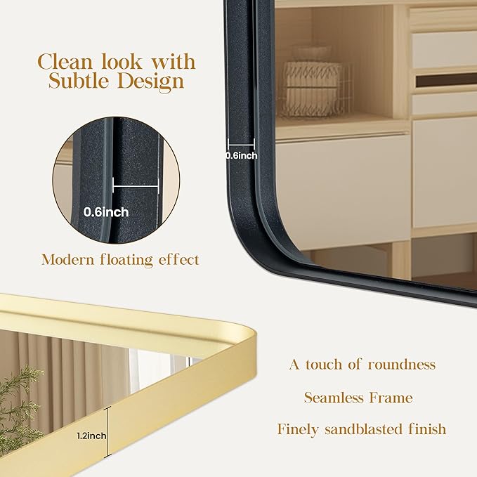 32×32 Black Bathroom Mirror, Rectangular Bathroom Vanity Mirror for Wall with Rounded Corners & Aluminum Alloy Frame, Tempered-Glass, Modern, Farmhouse, Horizontal/Vertical, Entryway, Bedroom