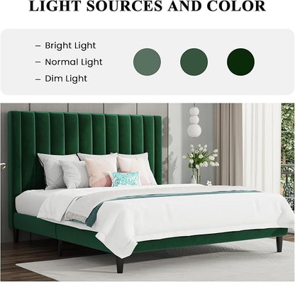 SHA CERLIN King Bed Frame/Velvet Upholstered Platform Bed Frame with Headboard/Strong Wood Slats Support/Mattress Foundation/No Box Spring Needed - Green
