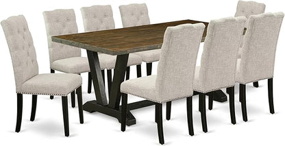 East West Furniture V677EL635-9 9 Piece Kitchen Table Set Includes a Rectangle Dining Table with V-Legs and 8 Doeskin Linen Fabric Parson Dining Room Chairs, 40x72 Inch, Multi-Color