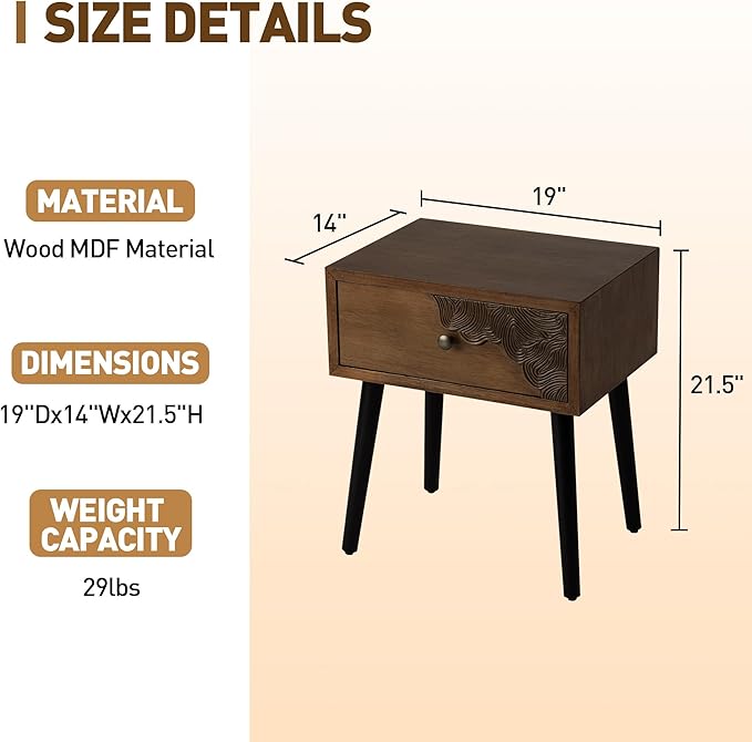 COSIEST Nightstand with Storage Drawer, Mid Century Modern Nightstand, Accent Side Table, Vintage Wood Luxury Night Stand Small Wood End Table for Bedroom, Living Room, Walnut