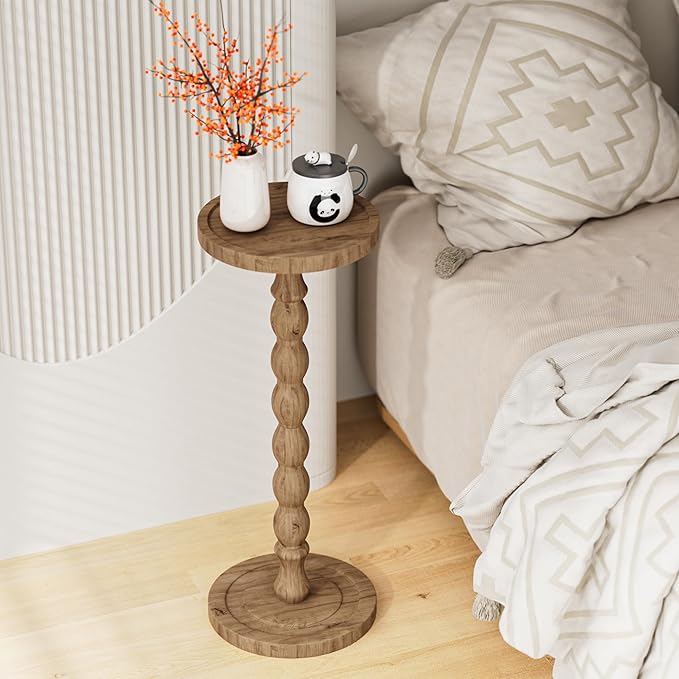 Solid Wood Drink Table, Rubber Wood‌ Small Round Side Table for Small Spaces, Martini Tables, Pedestal End Tables for Living Room, Bedroom, Corners, and Office (Brown, 9.4 inch)