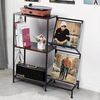 Record Player Stand with Vinyl Record Storage, Turntable Stand with 2-Tier Vinyl Display Shelf & Metal Frame, Record Holder for Living Room, Rustic Brown