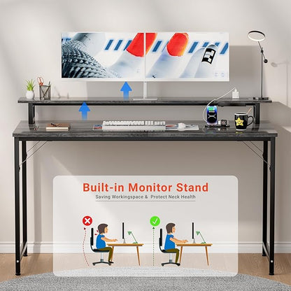 47 inch Computer Desk with Power Outlets, Gaming Desk with LED Lights, Home Office Work Desk with Monitor Shelf, Modern Office Desk Study Writing Table for Small Spaces, Black Oak