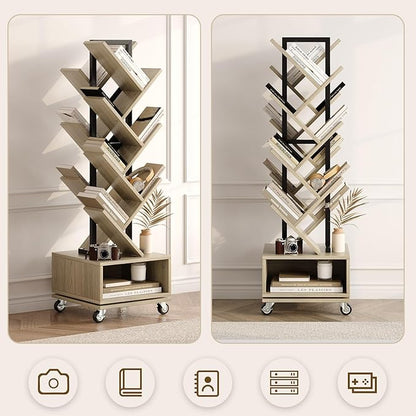 Double Sided Rotating Tree Bookshelf - 7-Tier Retro Floor Standing Bookcase, Wood Storage for Books, CDs, Movies, Perfect for Small Spaces in Bedroom, Living Room, Home Office, Grey