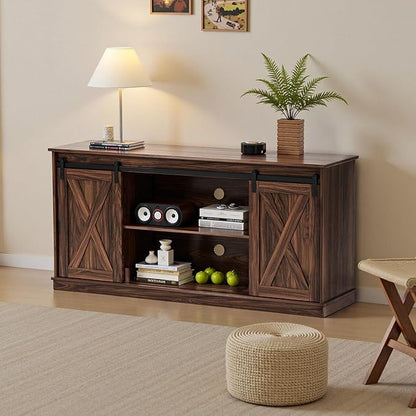 Sweetcrispy Farmhouse TV Stand for Living Room Bedroom Brown 65 Inch, Tall Entertainment Center with Storage Shelves, Media Console Cabinet with Wood Board, 300 LBS Capacity and Sliding Barn Door
