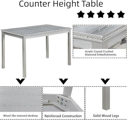 Dining Table Set for 4, 5-Piece Dining Room Table Set with Rectangular Crystal Decoration Table & 4 Upholstered Backrest Chairs, Counter Height Kitchen Sets with MDF Tabletop, Grey