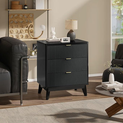 LYNCOHOME Fluted Nightstand with 3 Drawers Dresser, Modern Wood Chest of Bedside Table with Curved Profile, Fluted Dresser & Wood Drawer Organizer for Bedroom