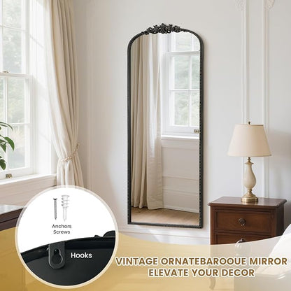 WallBeyond Arched Full Length Mirror Wall Mounted, 21x56 Inch Black Antique Mirror, Vintage Metal Frame Full Body Mirro for Bedroom, Living Room, Hanging or Leaning