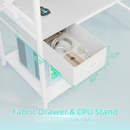 TIQLAB Gaming Desk 55 inch with Power Outlet and LED Light, Computer Desk with Reversible Shelves and Storage Drawer, Small PC Desk for Home Office Table with Bag, Carbon Fiber White
