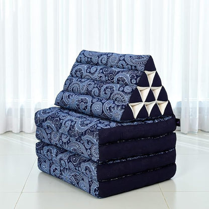 Leewadee Comfortable Japanese Floor Mattress - Thai Floor Bed with Triangle Cushion - Futon Mattress - XL Extra Long Thai Massage Mat, 89 x 20 inches, Blue White, Kapok Filling