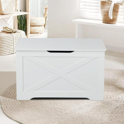Storage Chest, Wooden Storage Bench, Entryway Shoes Bench with 2 Safety Hinges, Retro Storage Trunk for Living Room, Bedroom, 15.7 x 31.5 x 18.9 Inches, White