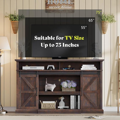 66" Farmhouse TV Stand for 75 Inch TVs, 40" Tall Entertainment Center with Sliding Barn Doors, Rustic Media Console Table Storage Cabinet with Adjustable Shelves, Living Room, Sawdust Brown