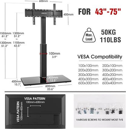 Swivel TV Floor Stand for 43-75 Inches TVs, 10 Level Height Adjustable Corner Extra Tall TV Stand Mount for Living Room/Bedroom, Holds up to 110 lbs,MAX VESA 600x400mm,Black