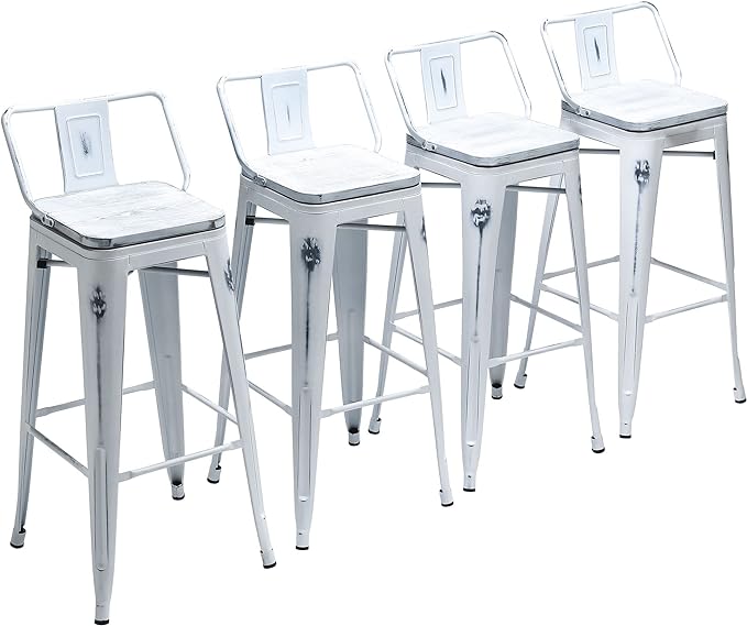 Yongchuang Industrial Metal Barstools Set of 4 Counter Height Bar Stools with Back (24" Seat Height Wooden Top Low Back, Distressed White)
