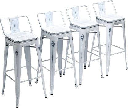 Yongchuang 30 inch Bar Stools Set of 4 Bar Height Metal Barstools with Wood Seat Distressed White Low Back Kitchen Bar Chairs