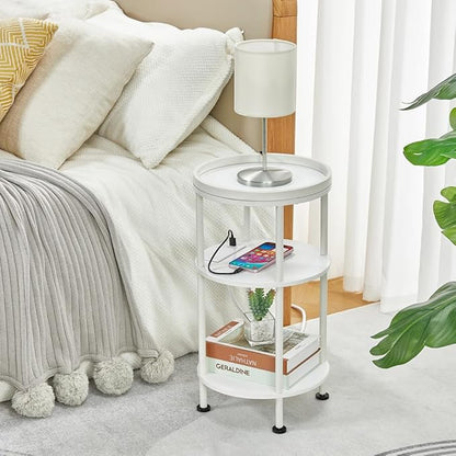 Small Round End Table with Charging Station, 3-Tier Accent Couch Beside Table with USB Ports & Power Outlets, Sofa Side Table for Living Room Small Nightstand Bedroom (USB Charger, White)