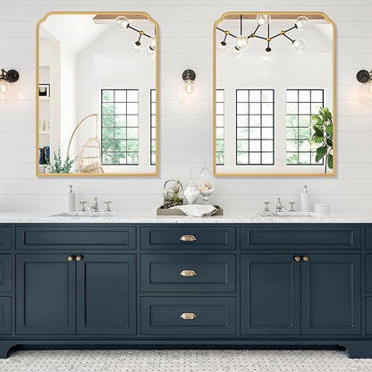 30X40 Inch Gold Bathroom Mirror for Vanity, Modern Rounded Corner Large Wall Mirror for Over Sink with Non-Rusting Iron Metal Framed (Tempered Glass)