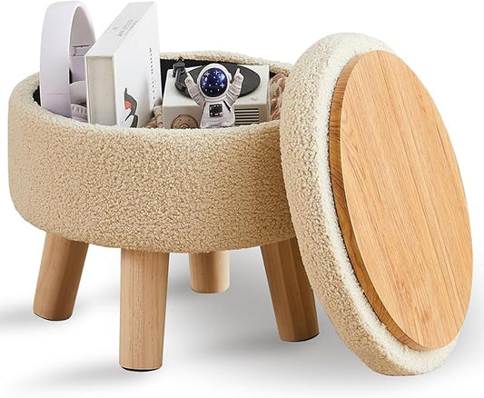Wimarsbon Storage Ottoman, Modern Round Footrest with Soft Padded Seat, Teddy Velvet Footstool with Wood Legs, Accent Small Table or Plant Stand for Hallway, Living Room (Off-White)