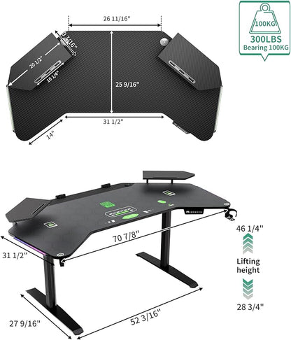 JWX Dual Motor Standing Gaming Desk with Aluminum Alloy Led Lights, 72'' Wing Shaped Large Gaming Studio Music Desk with Slot Design Shelves, for Streamer, Social Media Influencer & Music Recording
