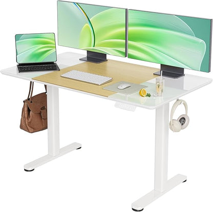 INNOVAR Glass Standing Desk, 48 x 24 Inches Height-Adjustable Desk, Tempered Glass and Wooden Top, Quick Install Home Office Stand Up Desk with 4 Presets, White Glass and Natural Wood
