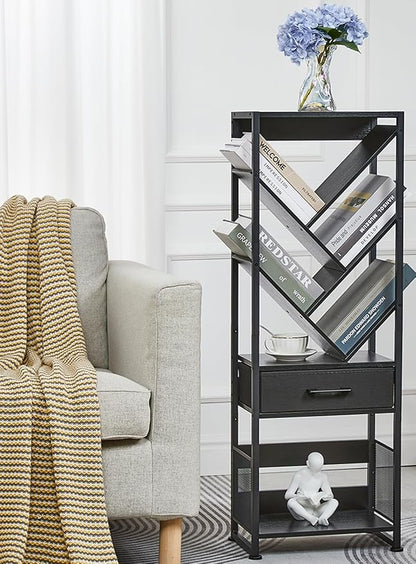 Bookshelf with Drawer,8 Tier Tree Bookcase Retro Floor Standing Bookshelves,Tall Wood Bookcases with Cabinet Storage Organizer for Living Room, Bedroom & Home Office, Black