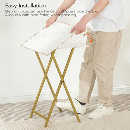 HOOBRO Folding TV Tray Tables, Set of 4 TV Trays with Storage Rack, Industrial Side Table for Eating at Couch, Foldable Snack Table for Small Space, Easy Assembly, Marble and Gold DM50BZ01