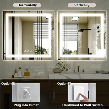 47"x 47" LED Bathroom Mirror, Backlit + Front Lit, LED Bathroom Mirror with Lights for Wall, 3 Colors, Anti-Fog, Dimmable Brightness, Memory Function, Tempered Glass
