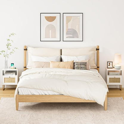 Rattan Nightstand with Charging Station, Boho Night Stand Farmhouse Wood Bedside Table with Storage and Open Shelf, End Side Accent Table for Bedroom,Living Room,White