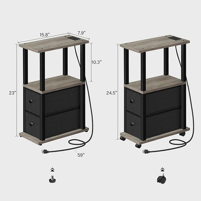 TUTOTAK Small Narrow End Tables, LED Side Tables with 2 Fabric Drawers, Set of 2, Bedside Tables with Charging Station for Small Spaces, Slim Nightstands with USB Ports and Wheels, TB01BG053L