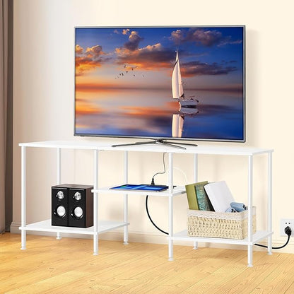 BTY White TV Stand with Storage, Wood Entertainment Center with Power Outlet, 3 Tier Small TV Table with Open Shleves for Living Room, Bedroom, Small Space, up to 50 inch TV
